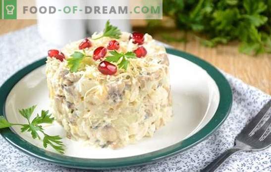 Salat mit Pilzen und Hühnchen: Vorspeise und volles Hauptgericht. Schritt für Schritt Foto-Rezept für einen herzhaften Salat aus Hähnchenfilet, Champignons und Käse
