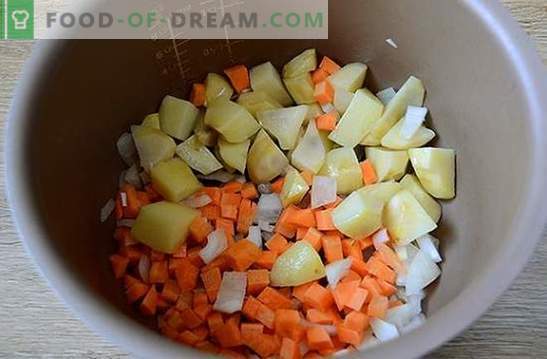 Gemüseeintopf mit Fleischbällchen in einem langsamen Kocher: ein herzhaftes und schönes Gericht. Schritt-für-Schritt-Fotorezept des Autors zum Kochen in einem Gemüsetopf-Multicooker