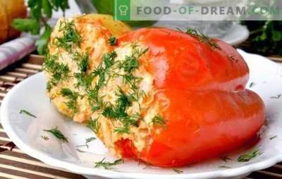 Tomaten und würzige Sauce für Paprika, gefüllt mit Reis in einem Slow Cooker. Pfeffer mit Reis in einem langsamen Kocher - schnell!