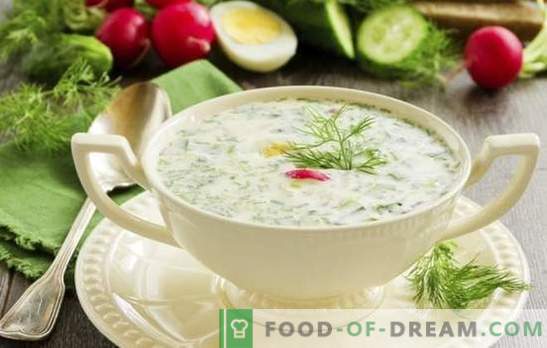 Okroshka auf Bräune - Frische mit Säure. Rezepte für eine leckere kalte Suppe: Okroschka mit Sonnenbräunung mit Fleisch, Wurst, Meeresfrüchten