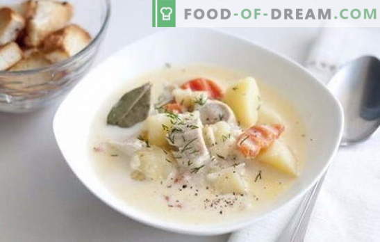 Hähnchenfiletsuppe - er und Sie werden mich mögen! Suppe mit Hühnerfilet: Reis, Käse, Pilze, Gemüse mit Bohnen
