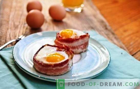 Speck und Eier - der beste Gast der Hausmannskost. Es ist schwer zu überraschen, es ist leicht zu füttern: Phantasie in Speck-Spiegeleiergerichten
